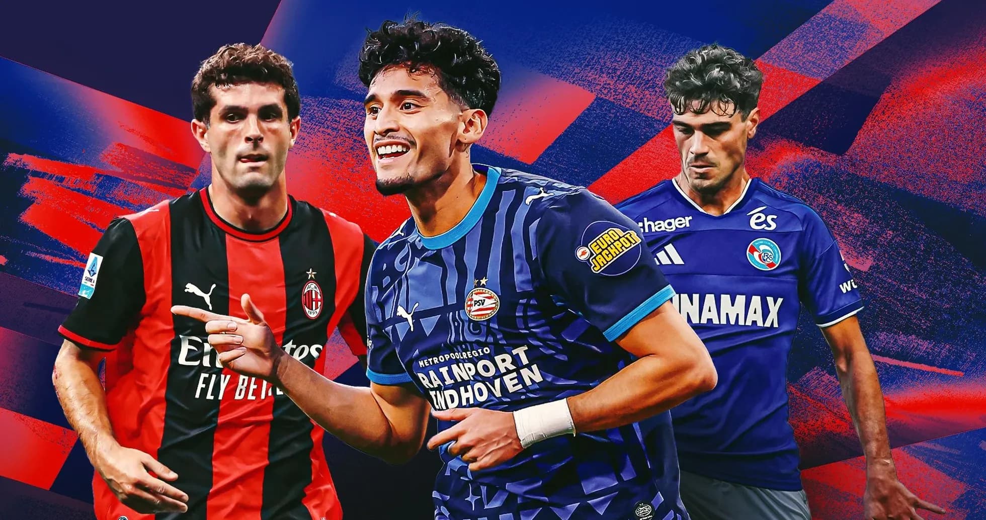 Three soccer players in team jerseys on colorful background