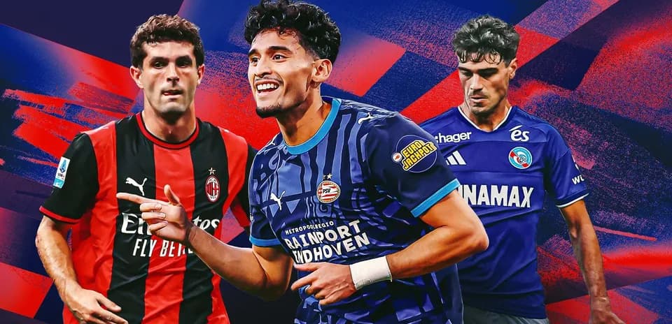 Three soccer players in team jerseys on colorful background