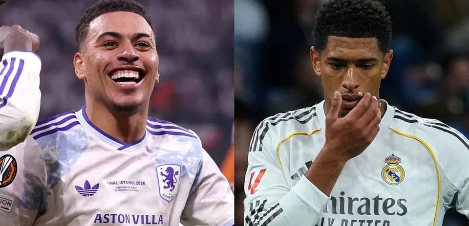 Two football players during a match, one celebrating