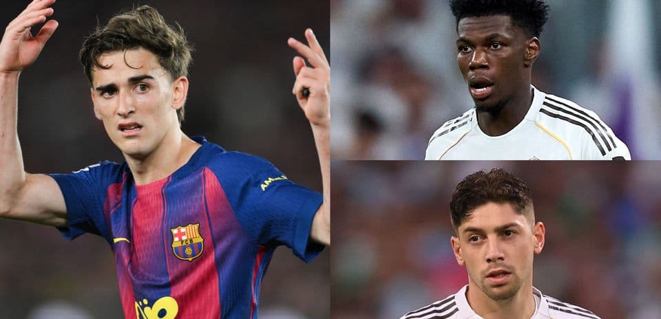Three football players during a match, one from Barcelona