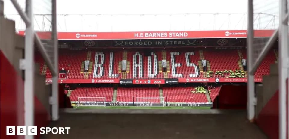 Sheffield United's H.E. Barnes Stand with 'BLADES' sign
