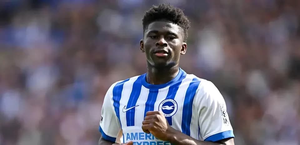 Player wearing Brighton & Hove Albion kit on pitch
