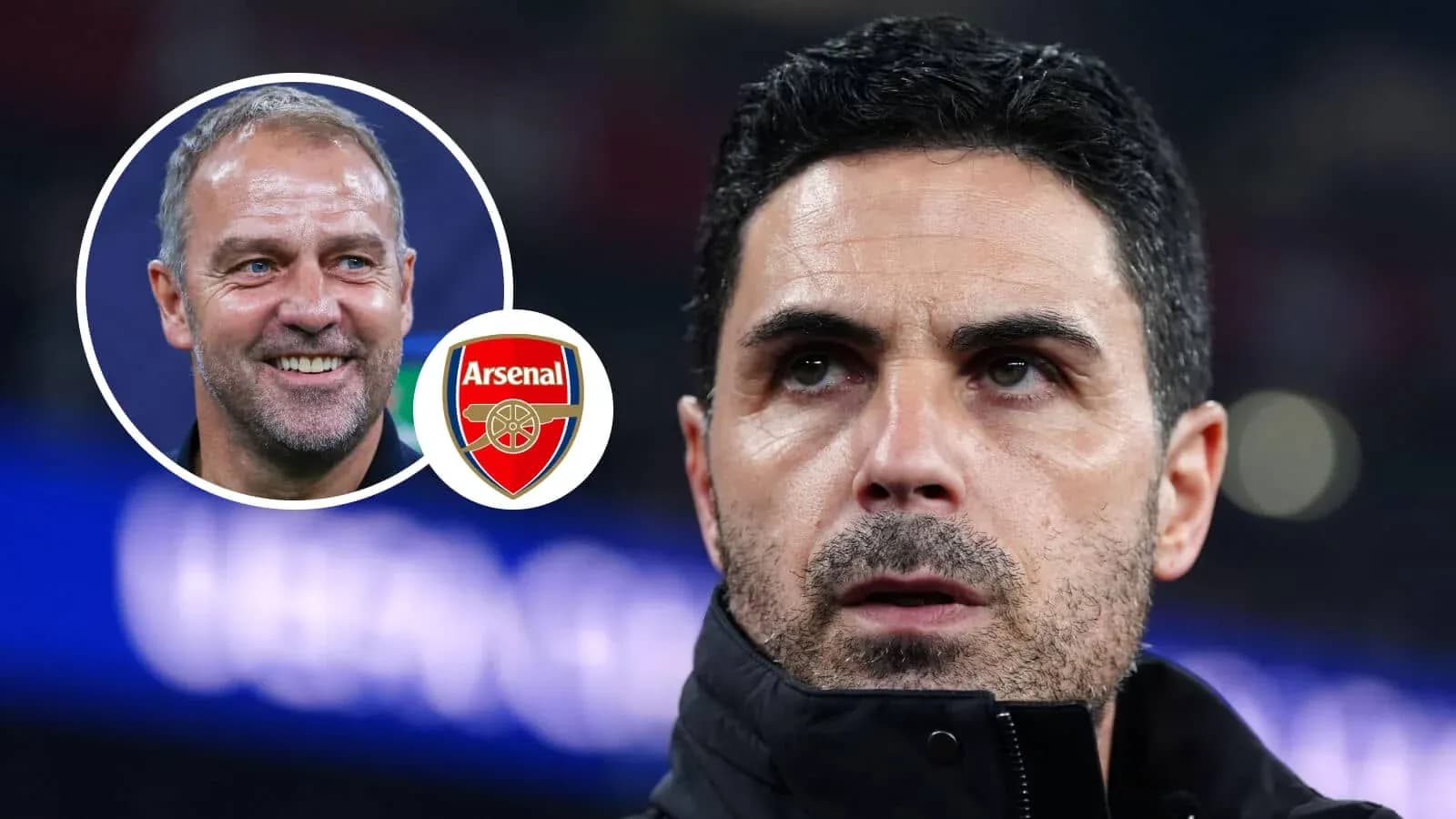 Mikel Arteta with Arsenal logo in background