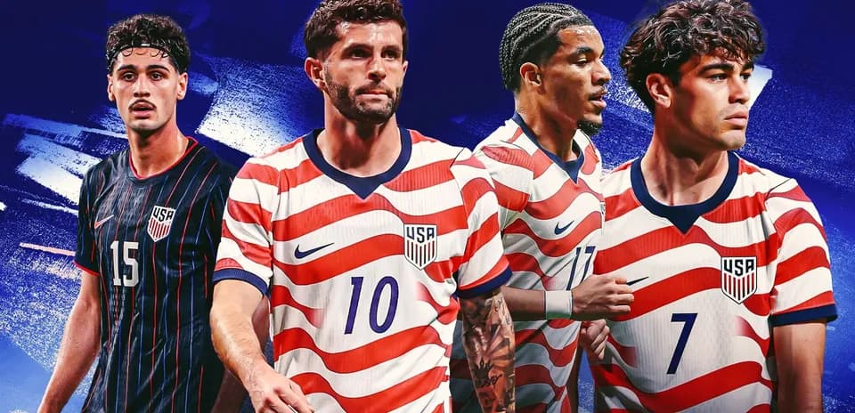Four USA soccer players in striped jerseys