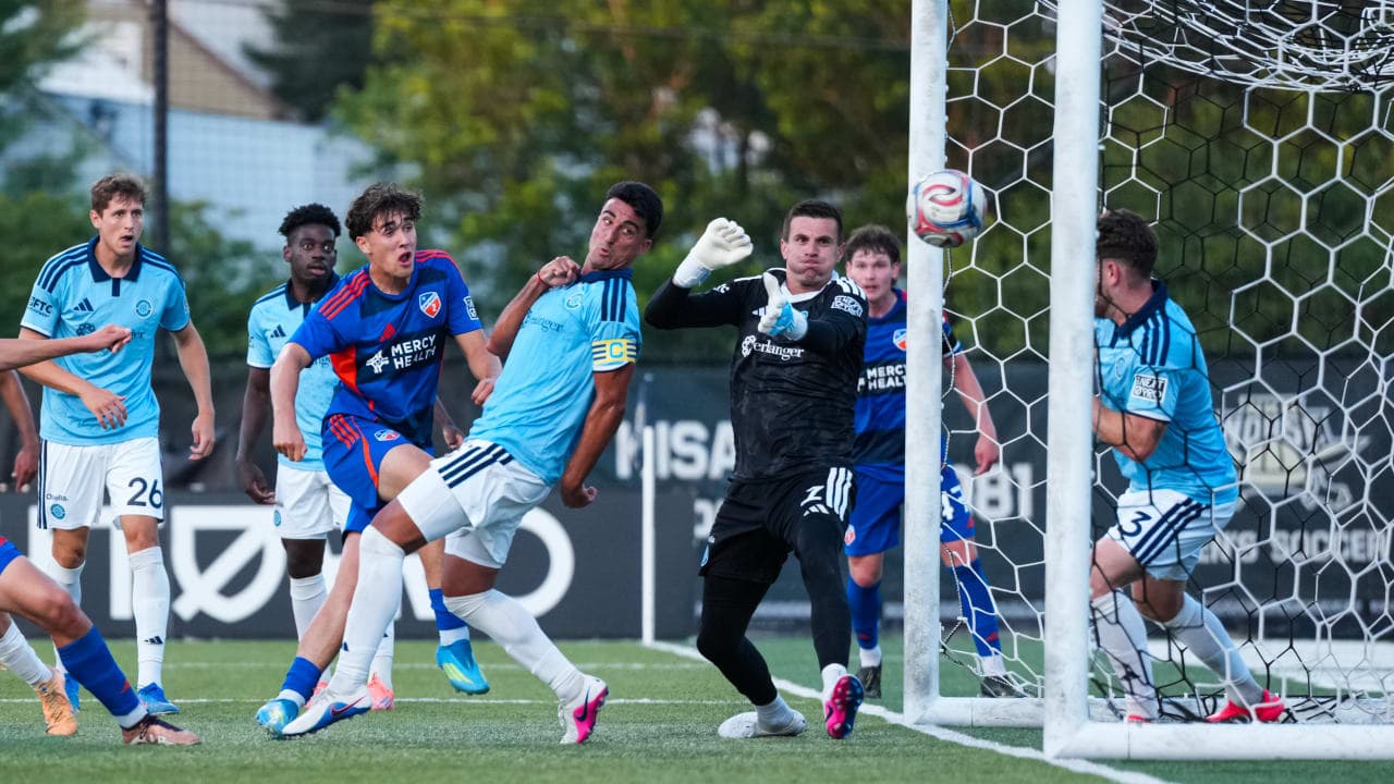 FC Cincinnati II players defending against a shot