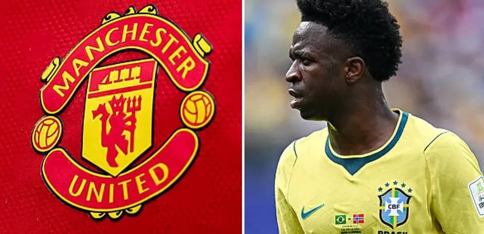 Manchester United logo and Vinicius Junior in action