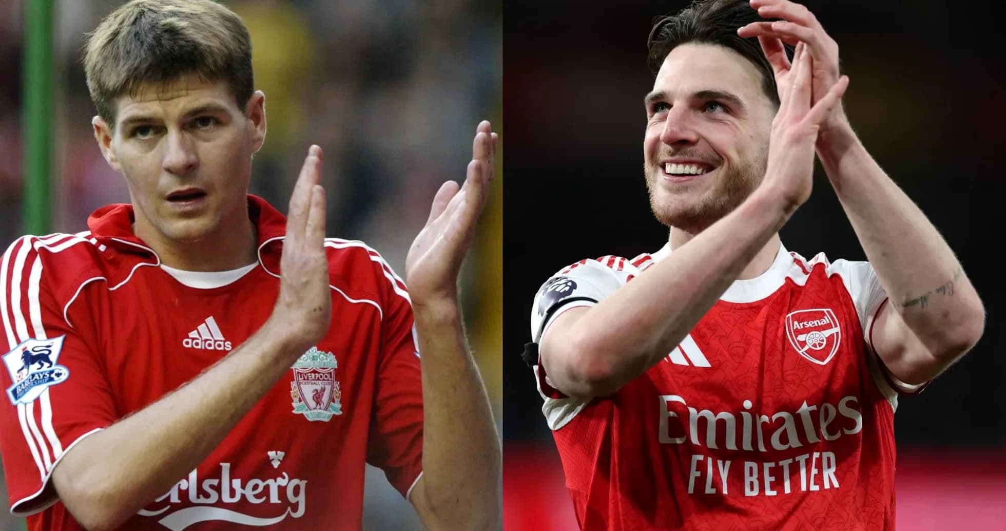 Two football players applauding fans, wearing club jerseys