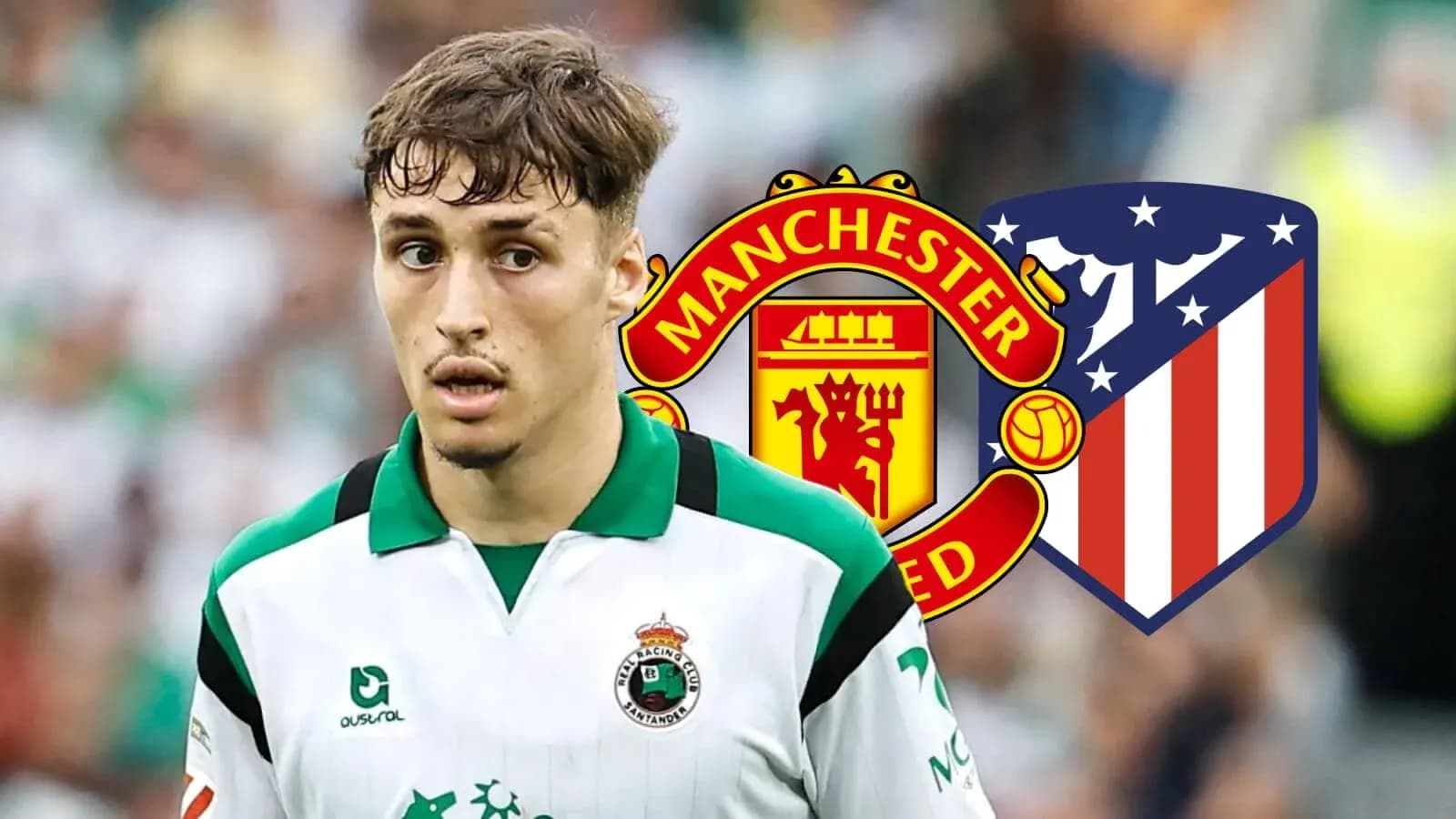 Player in jersey with Manchester United and Atletico Madrid logos Player in jersey with Manchester United and Atletico Madrid logos