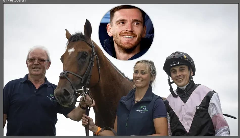 Team posing with horse at racing event Team posing with horse at racing event