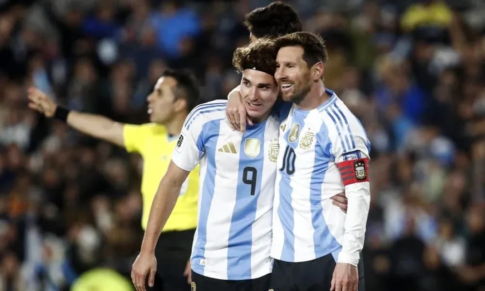 Two Argentina players celebrating during a match Two Argentina players celebrating during a match