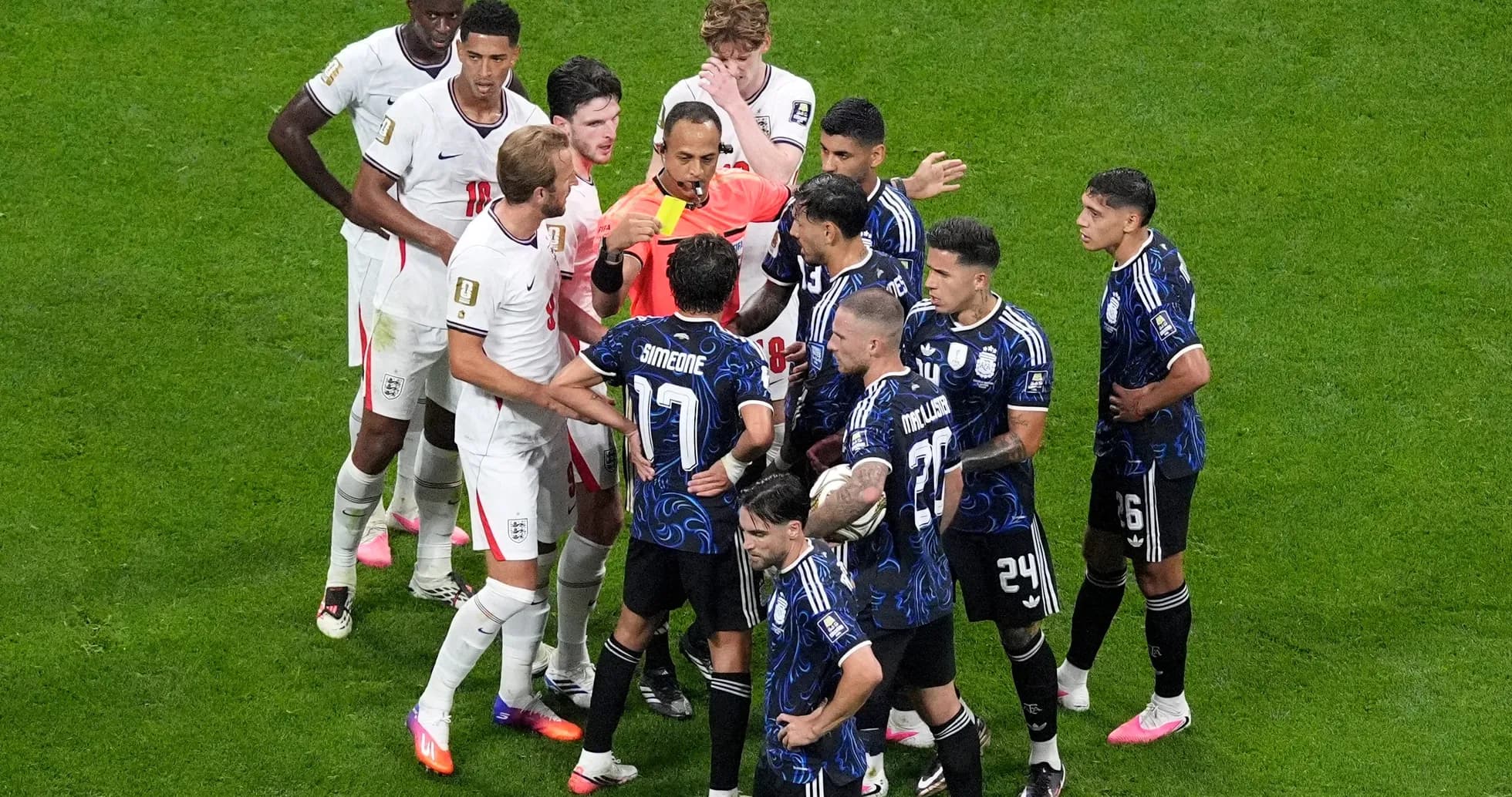 Players discussing with referee during England vs Argentina match Players discussing with referee during England vs Argentina match