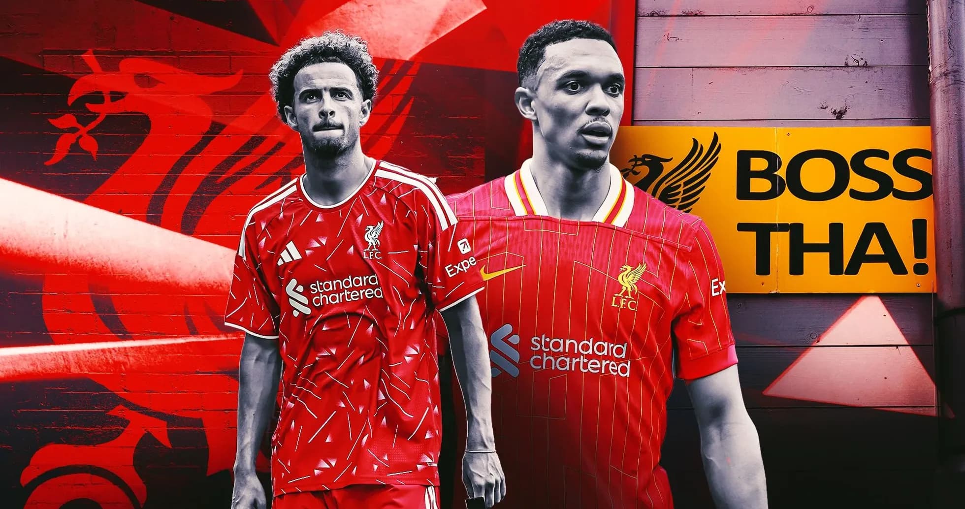 Two Liverpool players in home kits against red backdrop Two Liverpool players in home kits against red backdrop