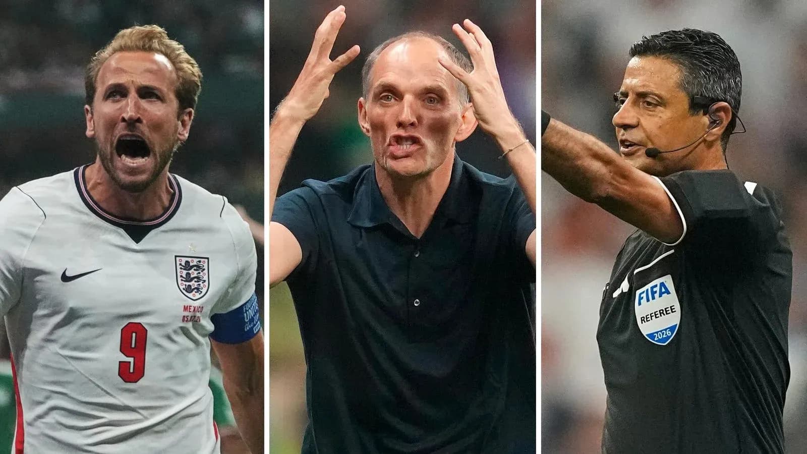 Player celebrating, coach gesturing, referee making decision Player celebrating, coach gesturing, referee making decision