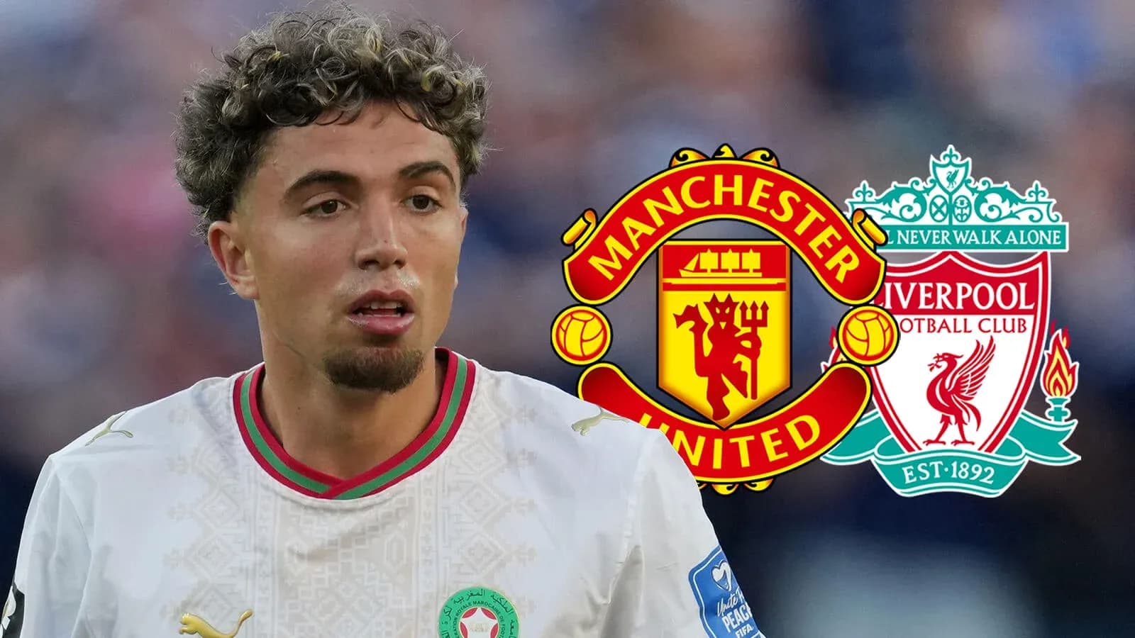 Player in white kit with Manchester United and Liverpool logos Player in white kit with Manchester United and Liverpool logos