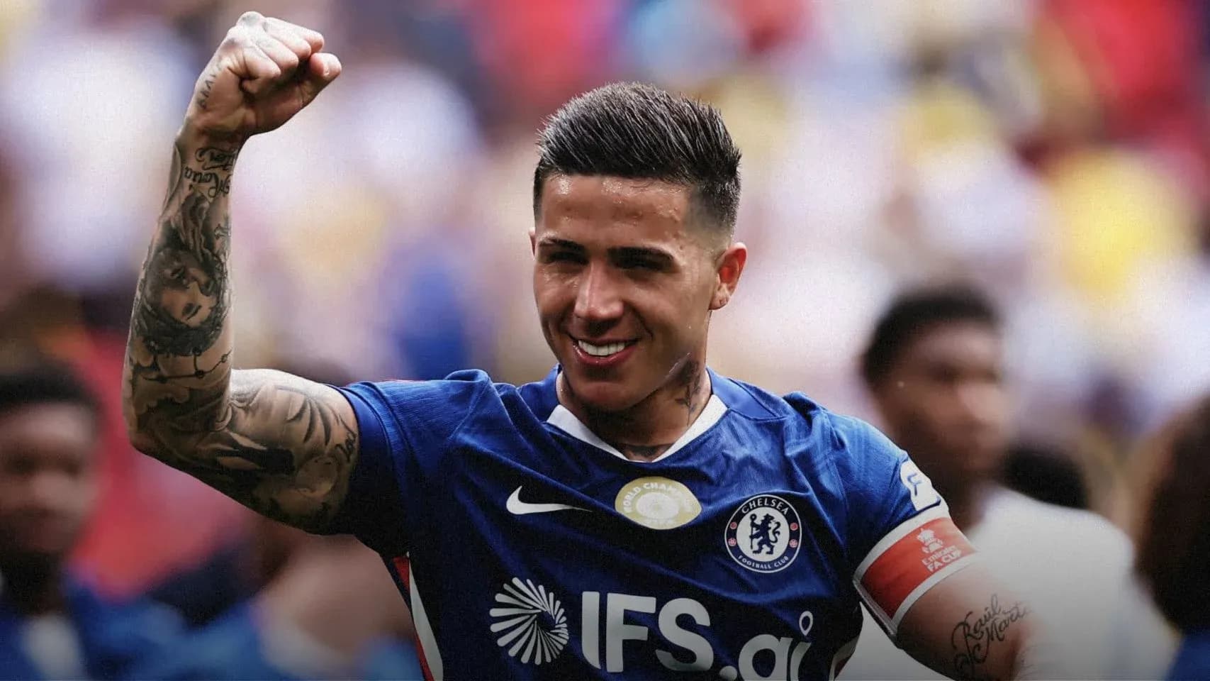 Player celebrating after match in Chelsea jersey Player celebrating after match in Chelsea jersey