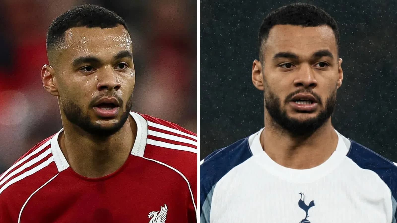 Two players in football kits from Liverpool and Tottenham Two players in football kits from Liverpool and Tottenham