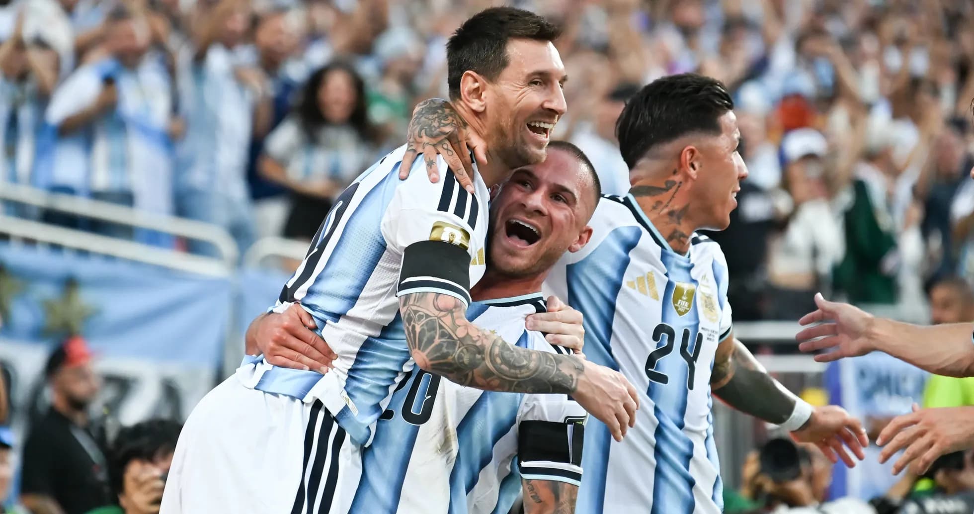 Argentinian players celebrating a goal together Argentinian players celebrating a goal together