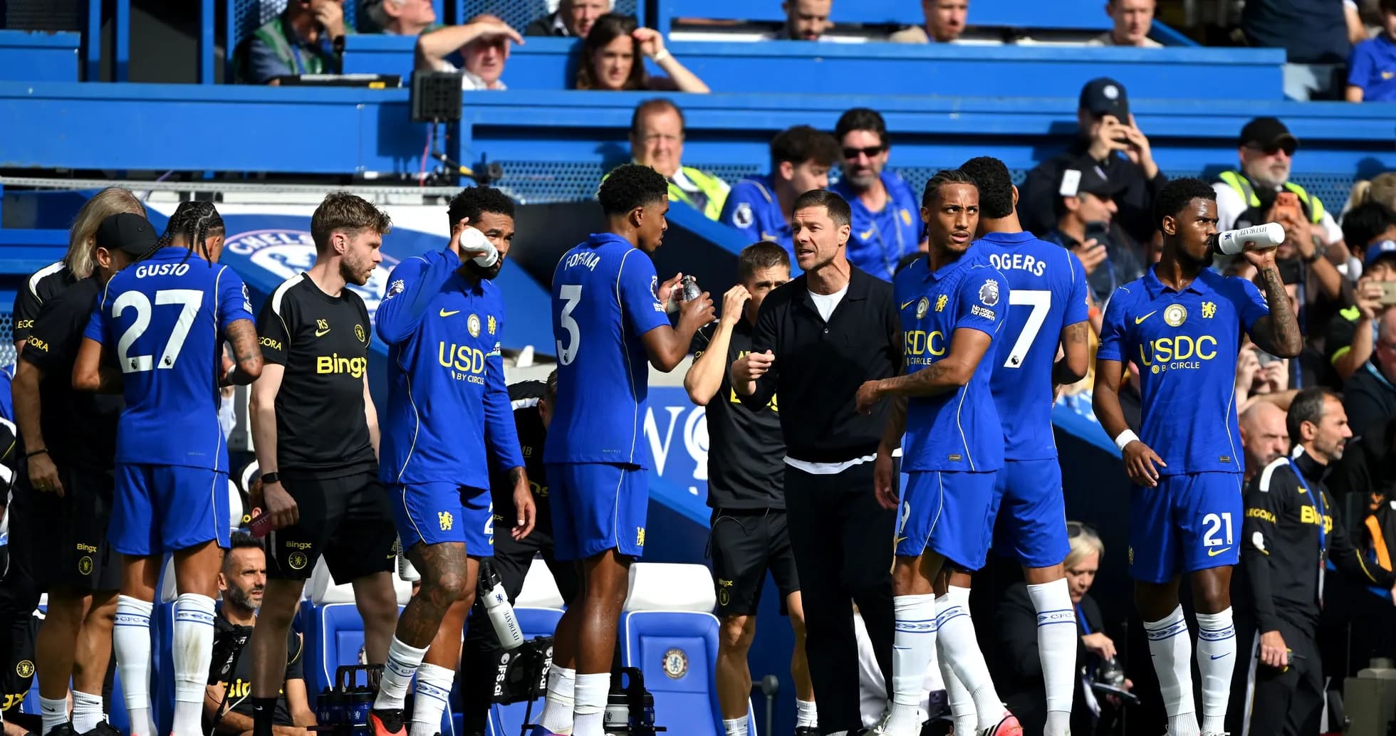 Chelsea players discussing strategy on the sidelines Chelsea players discussing strategy on the sidelines