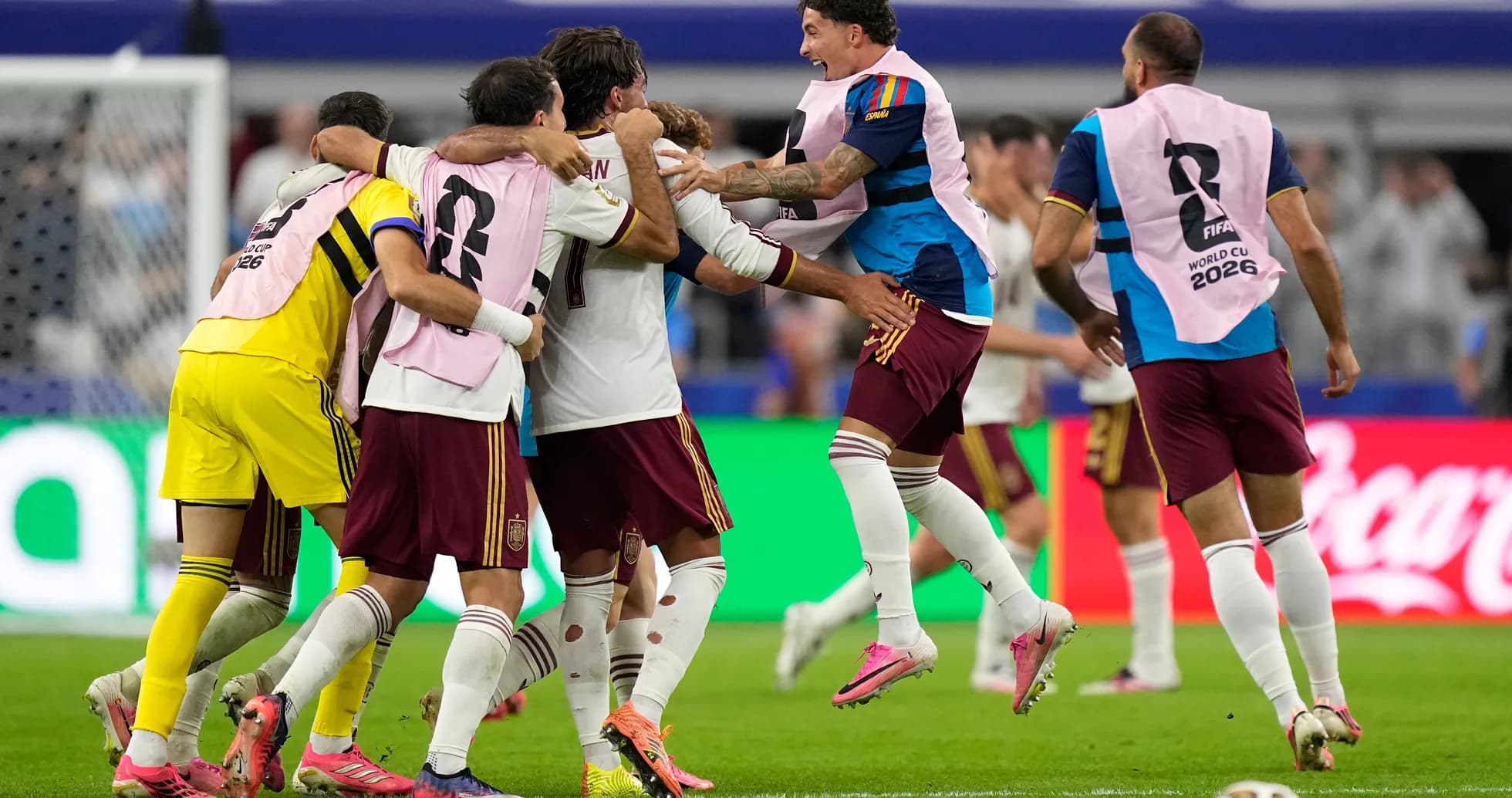 Spain players celebrating after scoring a goal Spain players celebrating after scoring a goal