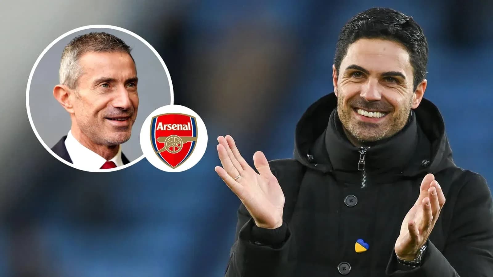 Two football coaches with Arsenal logo in background Two football coaches with Arsenal logo in background