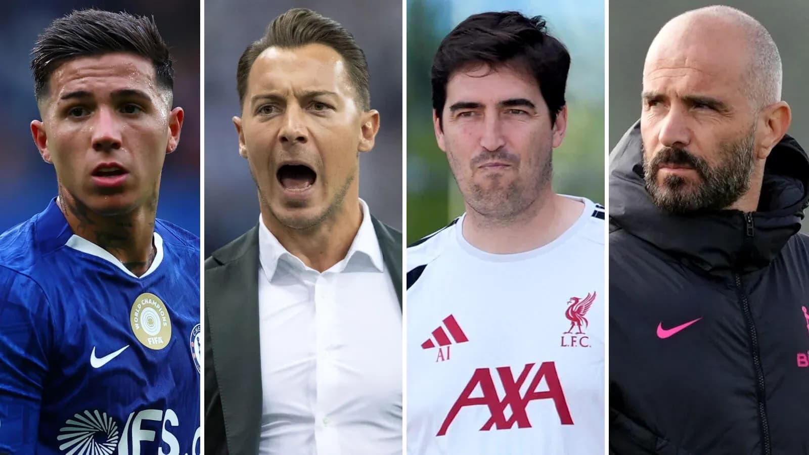 Four football figures, one player and three coaches Four football figures, one player and three coaches