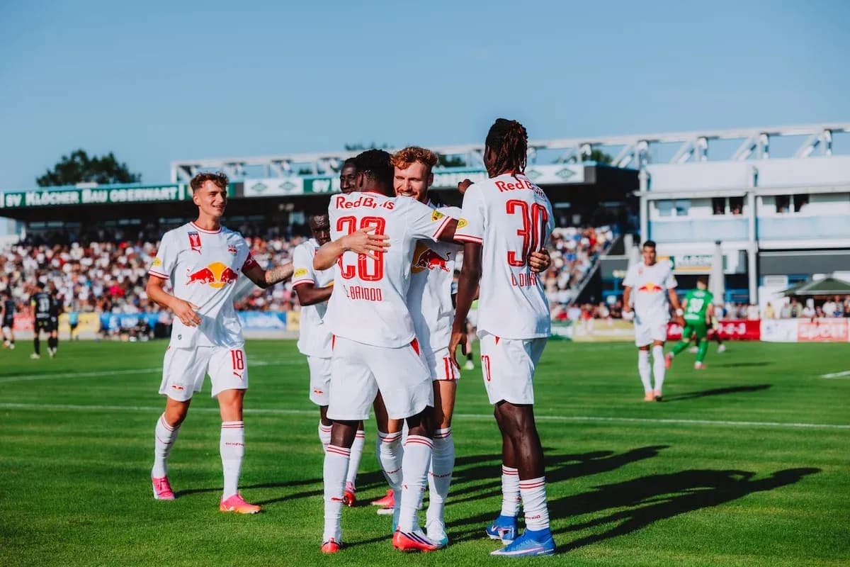 Red Bull Salzburg players celebrating a goal Red Bull Salzburg players celebrating a goal