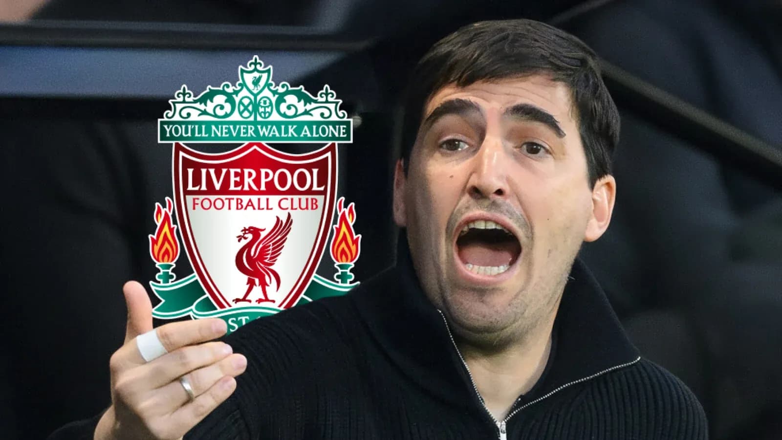 Coach gesturing passionately with Liverpool logo in background Coach gesturing passionately with Liverpool logo in background