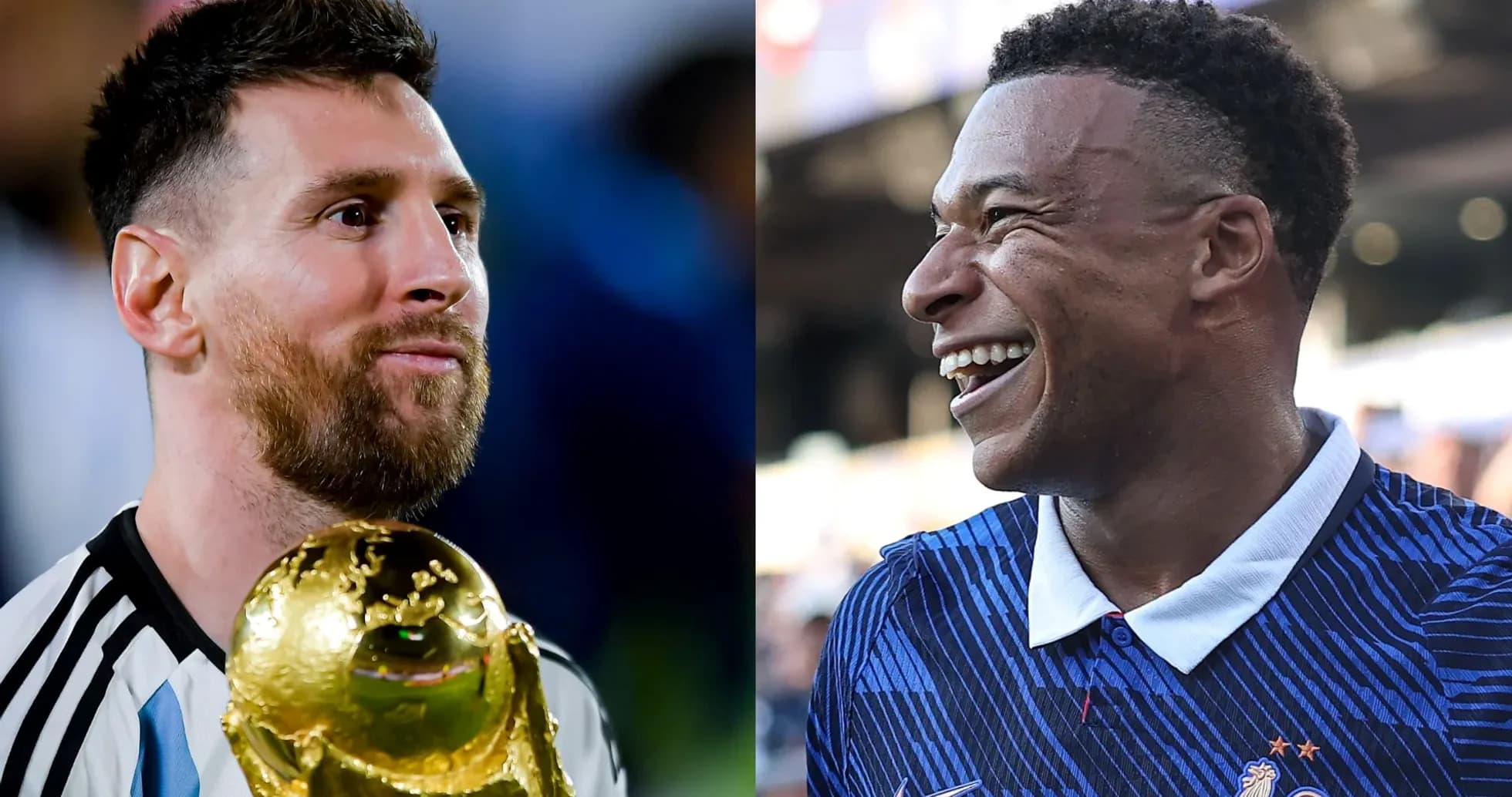 Lionel Messi holding trophy, Kylian Mbappé smiling Lionel Messi holding trophy, Kylian Mbappé smiling