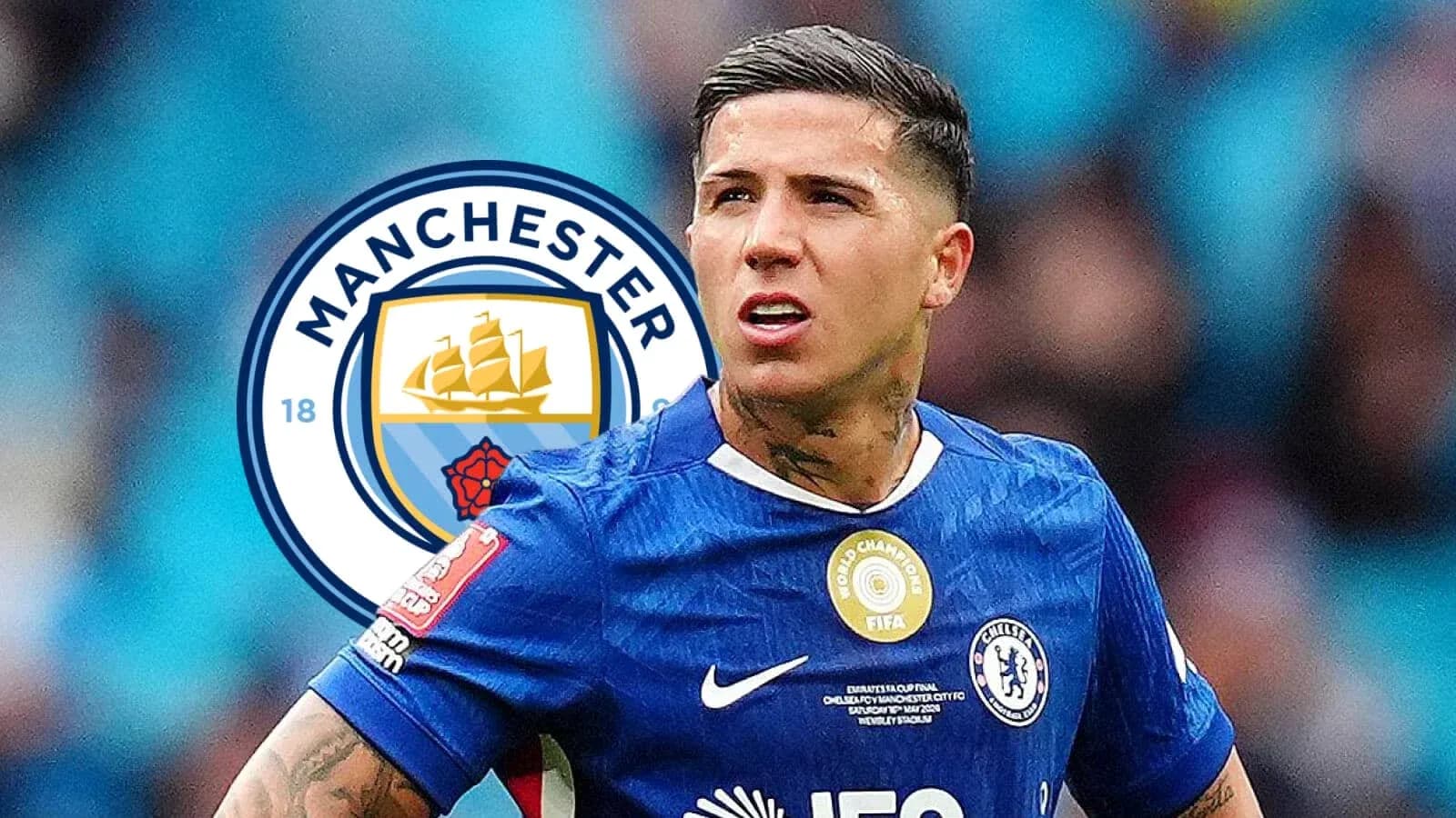 Player in Chelsea kit with Manchester City logo background Player in Chelsea kit with Manchester City logo background