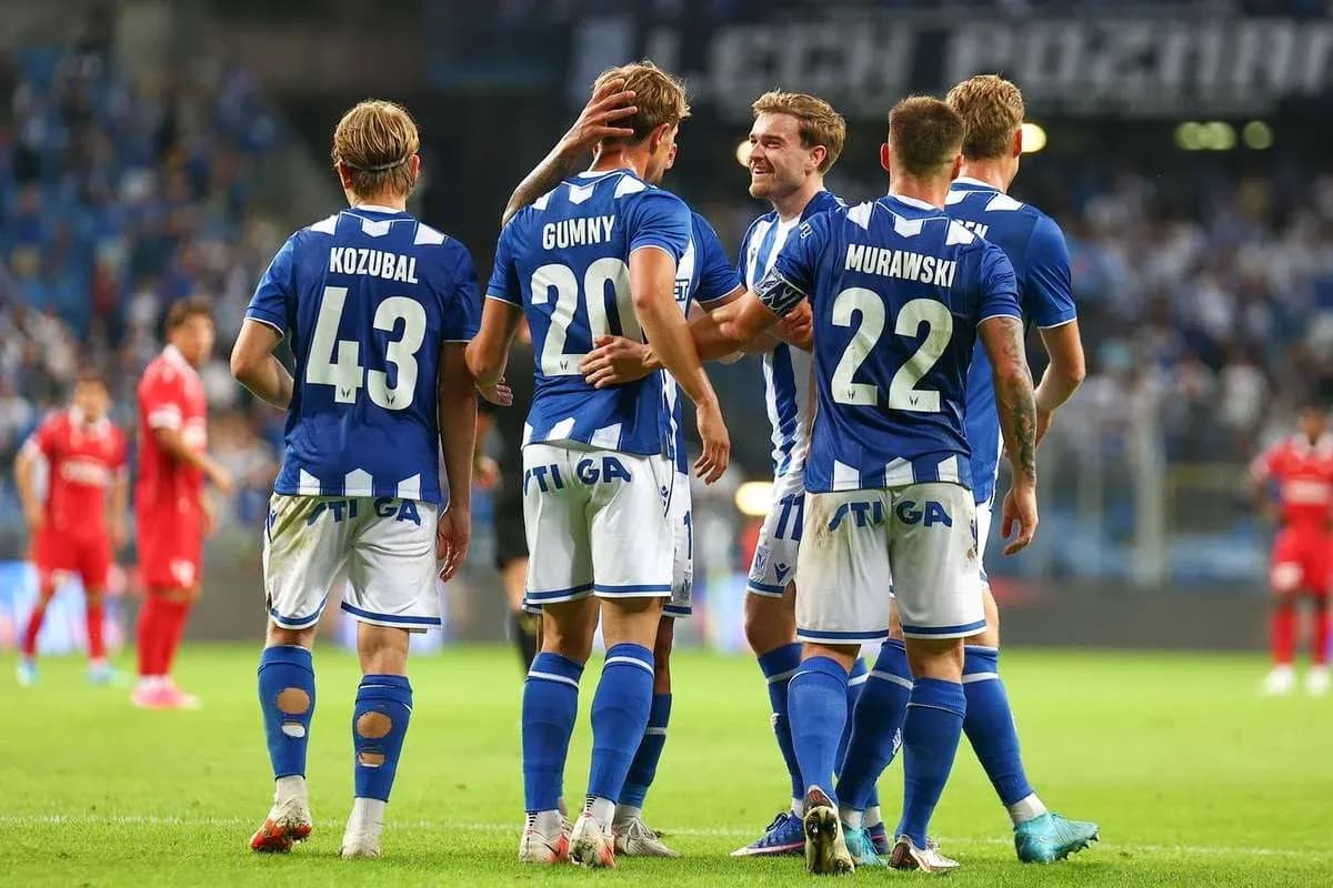 Lech Poznan players celebrating a goal Lech Poznan players celebrating a goal