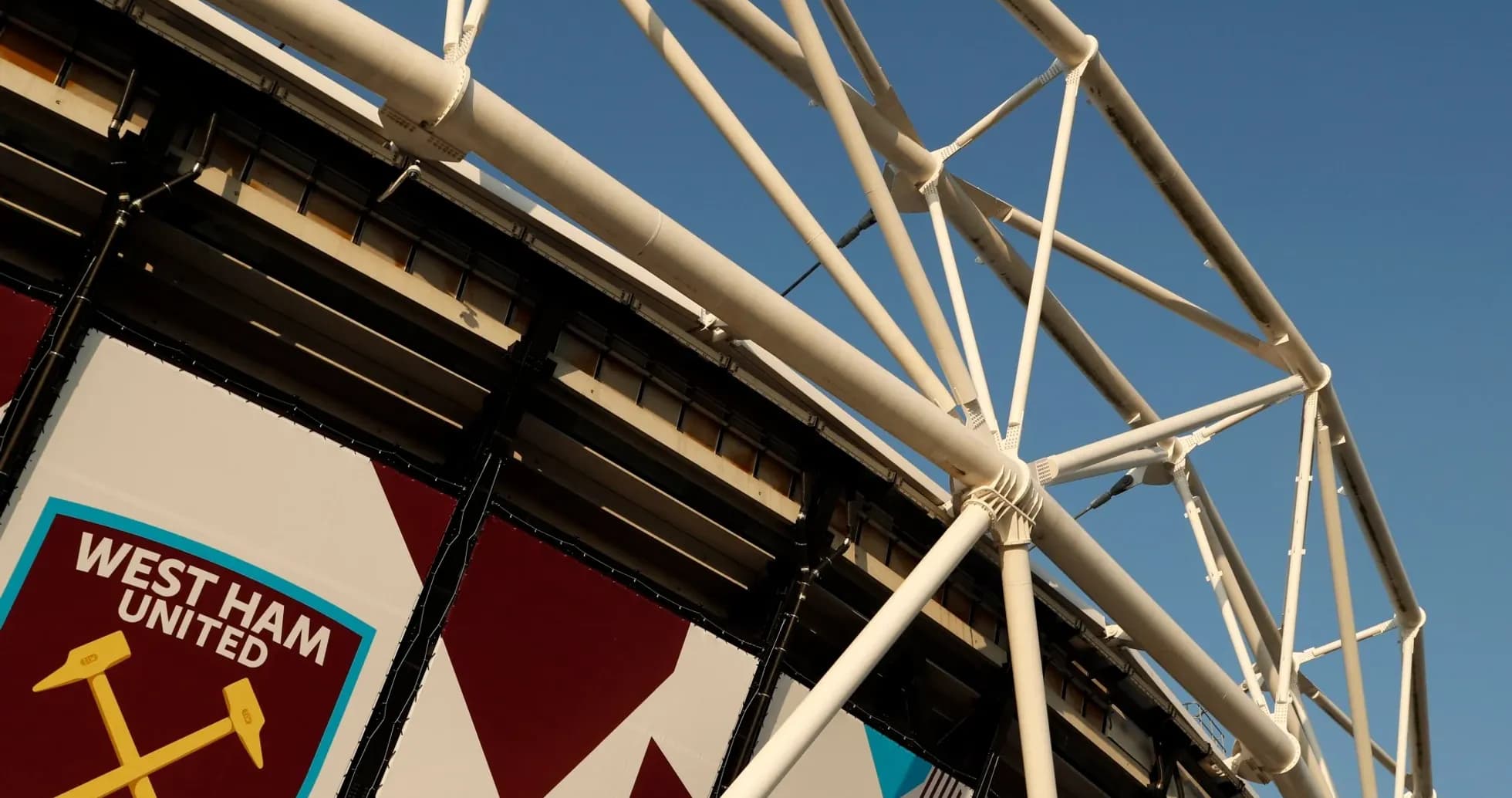 West Ham United stadium structure with logo visible West Ham United stadium structure with logo visible