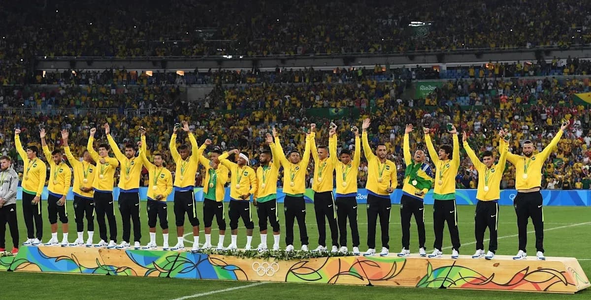 Brazilian football team celebrating Olympic gold medal victory Brazilian football team celebrating Olympic gold medal victory