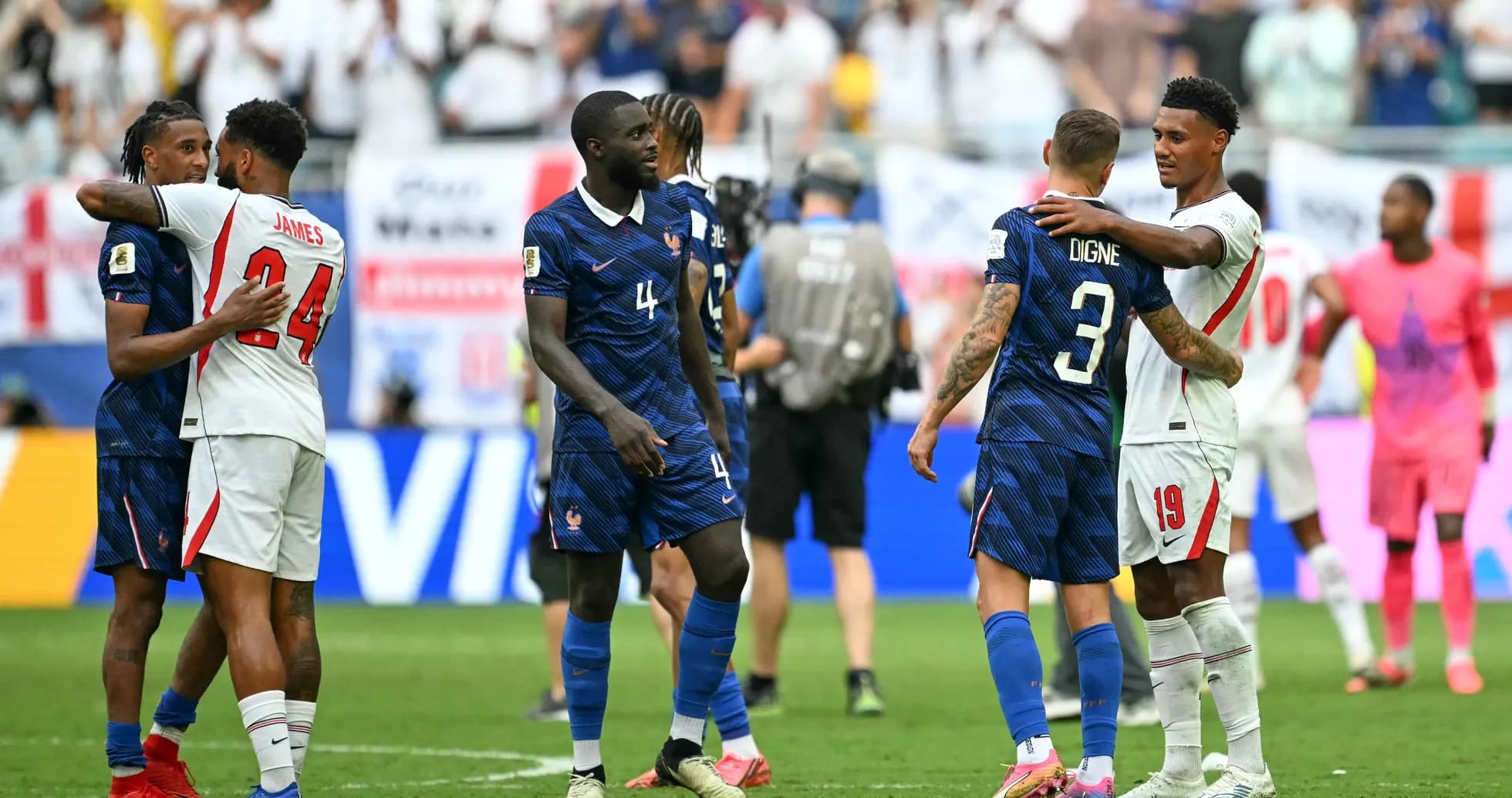 Players from France and England exchanging greetings post-match Players from France and England exchanging greetings post-match