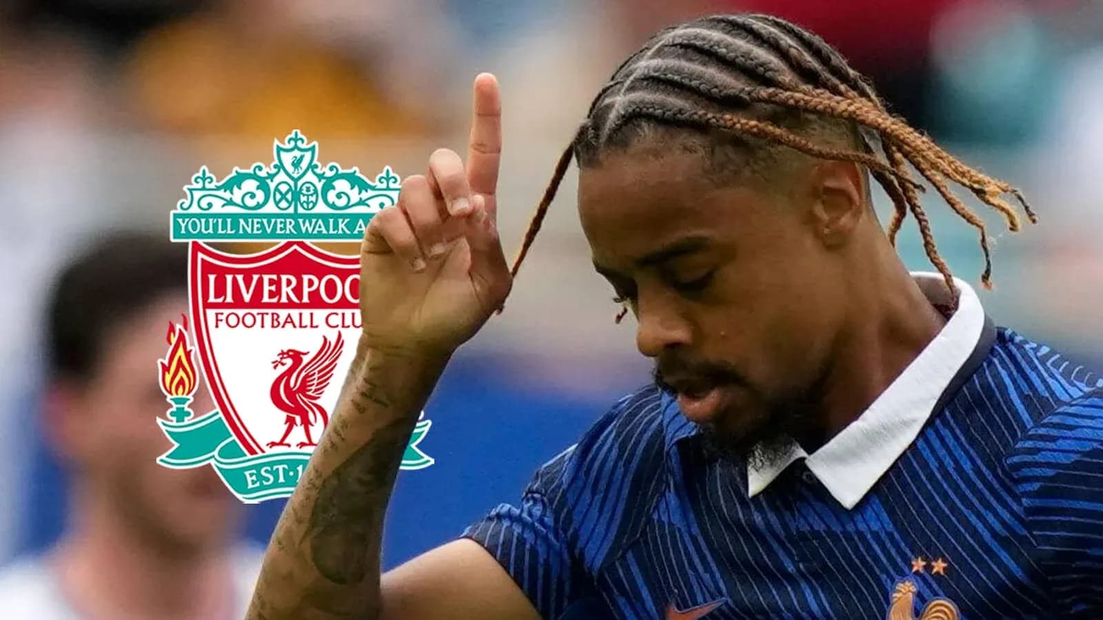 Player celebrating with Liverpool logo in background Player celebrating with Liverpool logo in background
