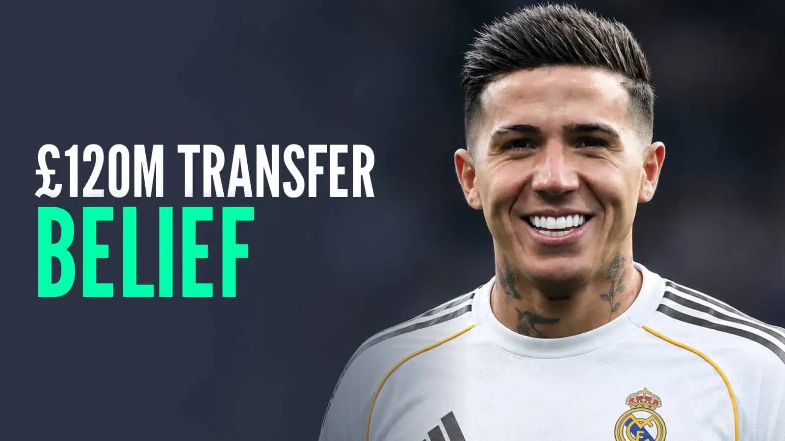 Player smiling in Real Madrid jersey with transfer text Player smiling in Real Madrid jersey with transfer text