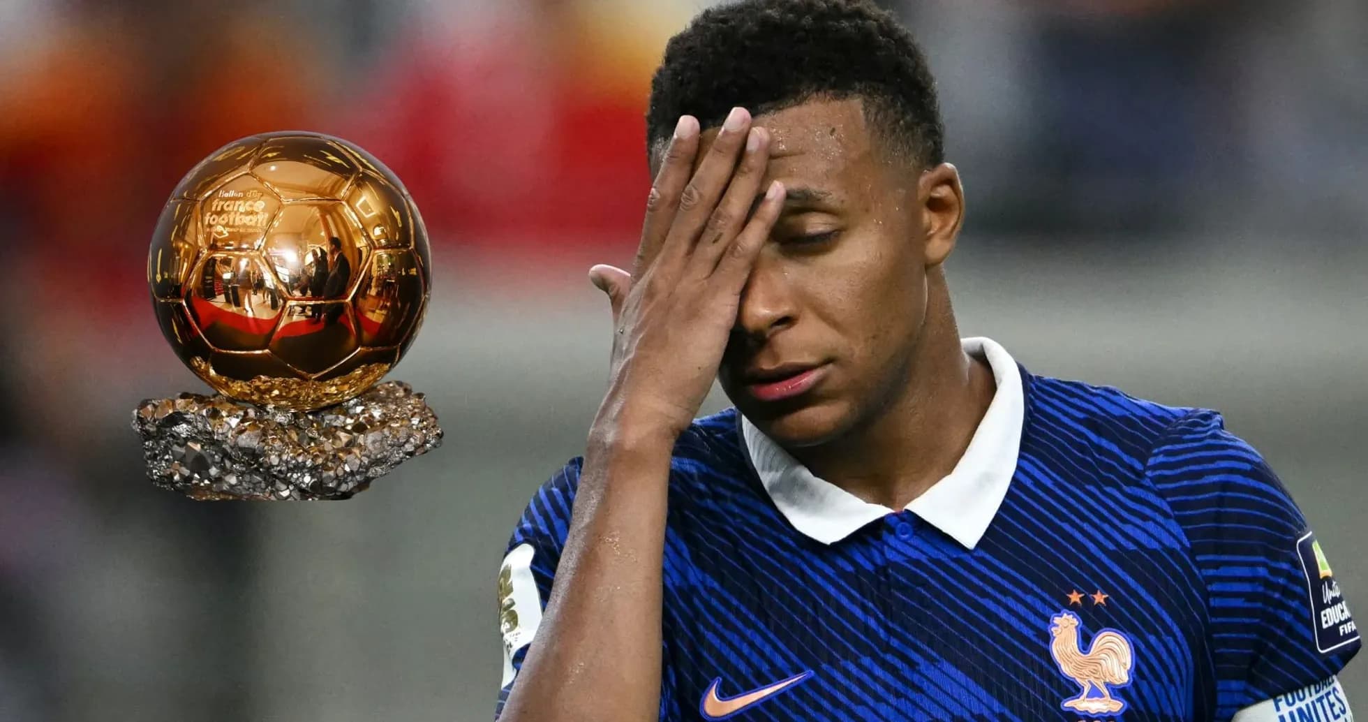 Player with hand on forehead near Ballon d'Or trophy Player with hand on forehead near Ballon d'Or trophy