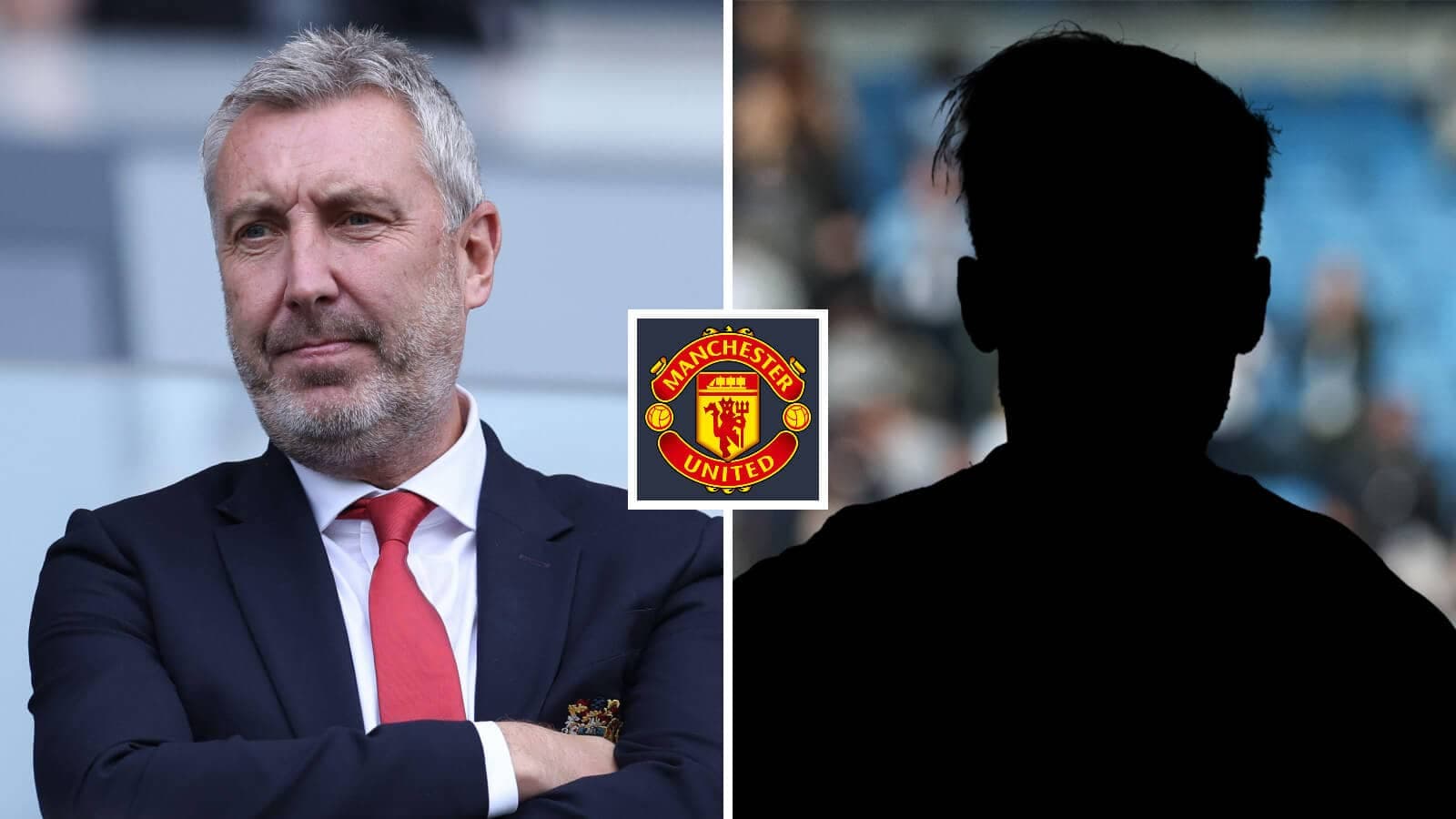 Manchester United logo with silhouette of player Manchester United logo with silhouette of player