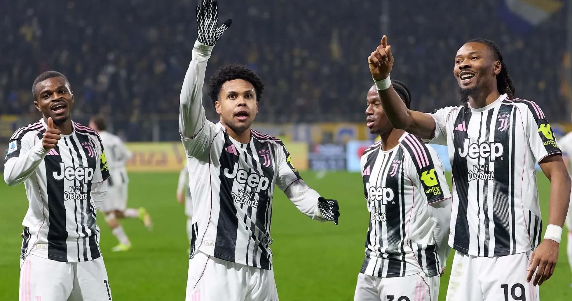 Juventus players celebrating a goal during match Juventus players celebrating a goal during match