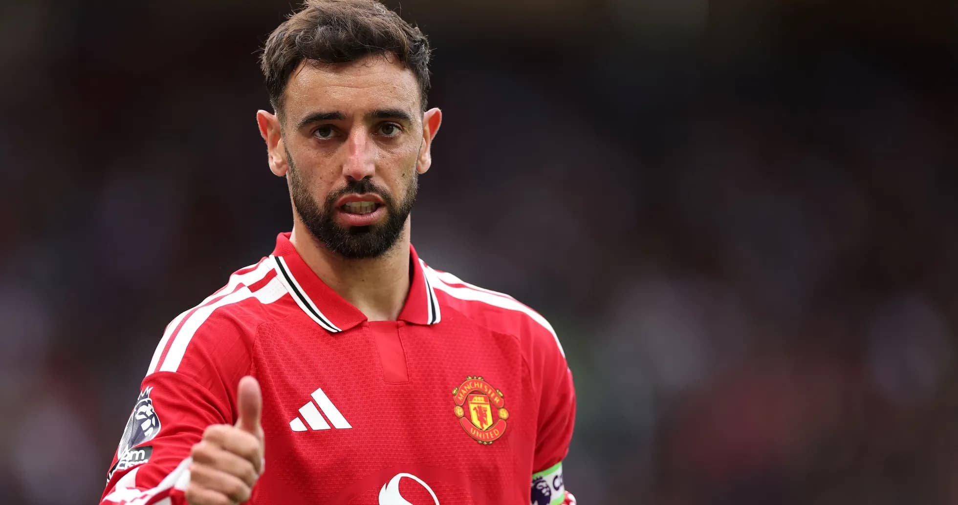 Bruno Fernandes in Manchester United jersey giving thumbs up Bruno Fernandes in Manchester United jersey giving thumbs up