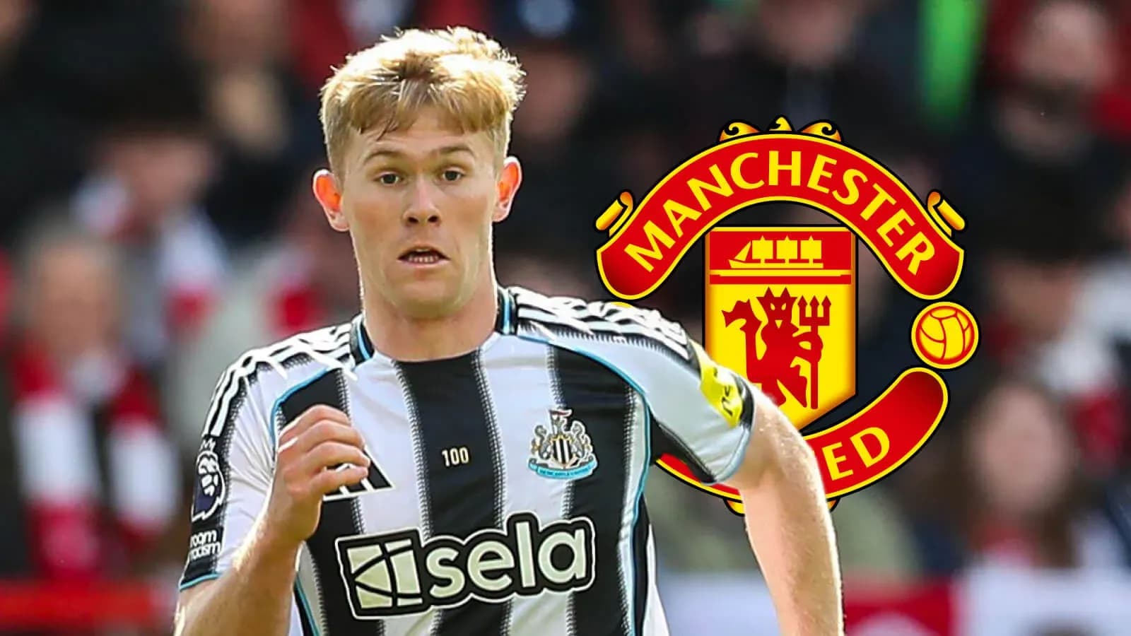 Newcastle player running with Manchester United logo overlay Newcastle player running with Manchester United logo overlay