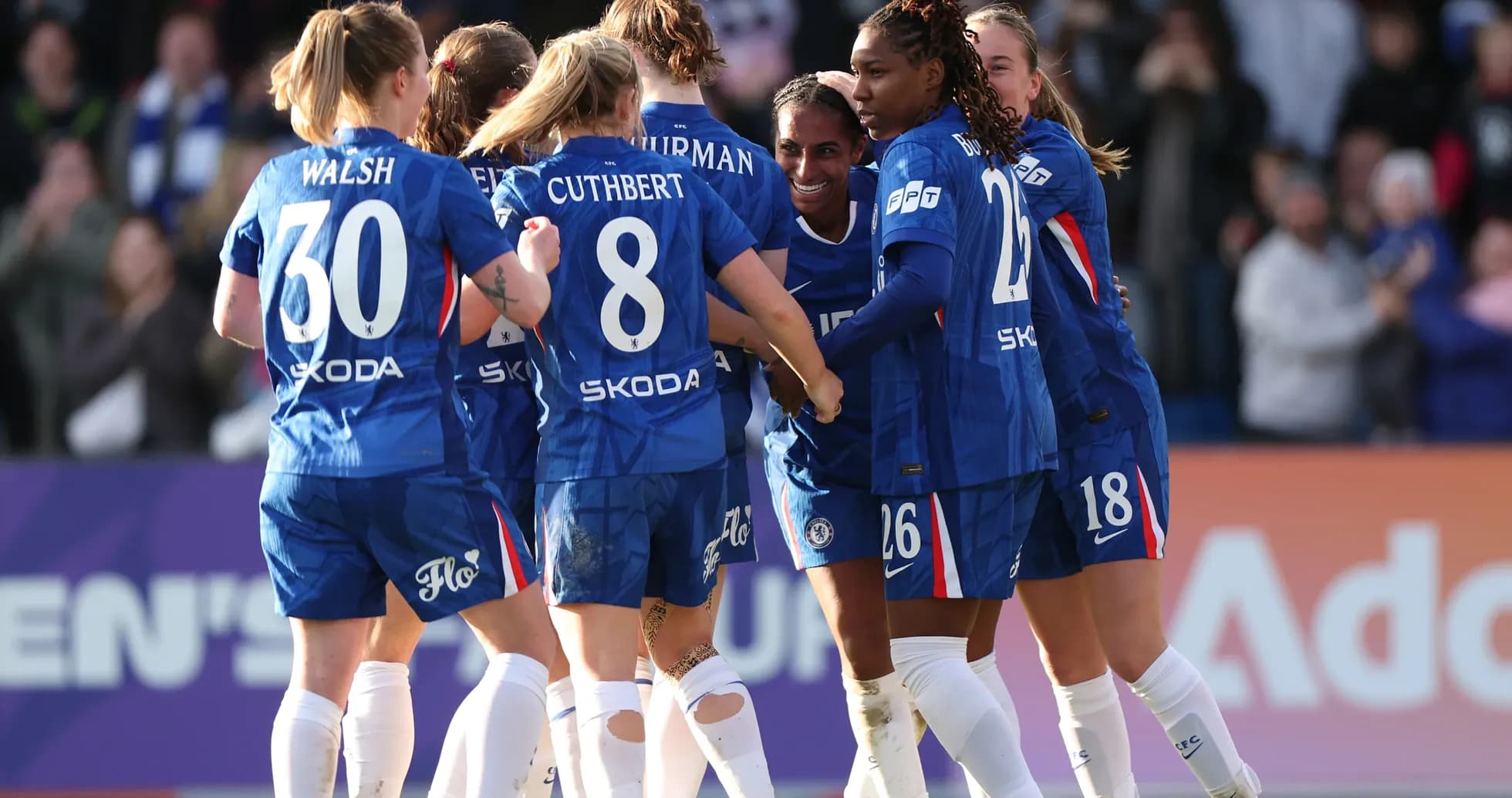 Chelsea women celebrating a goal during match Chelsea women celebrating a goal during match