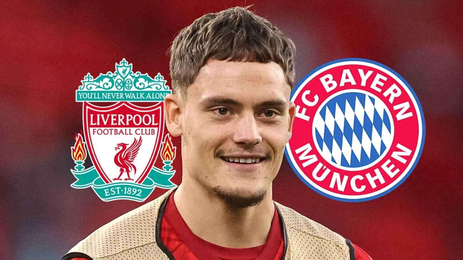 Player smiling with Liverpool and Bayern Munich logos Player smiling with Liverpool and Bayern Munich logos