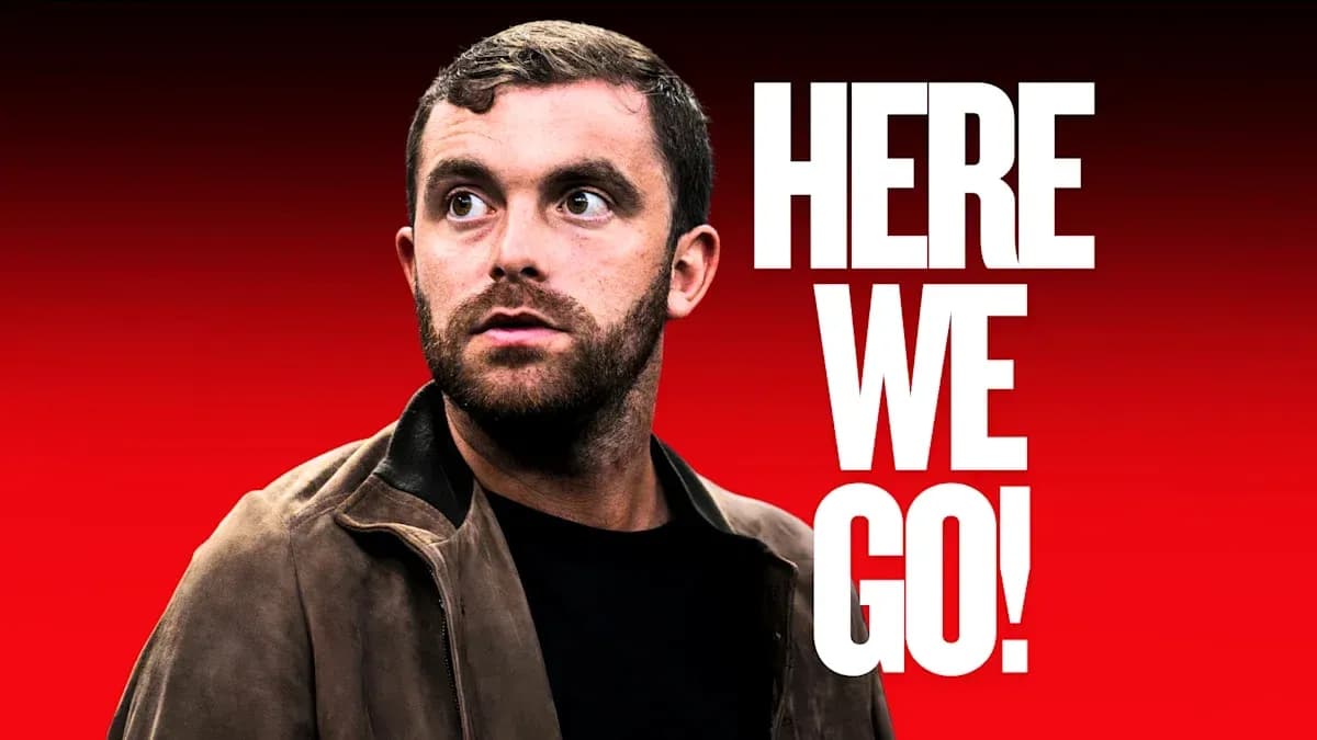 Person looking off-screen with text 'HERE WE GO!' Person looking off-screen with text 'HERE WE GO!'