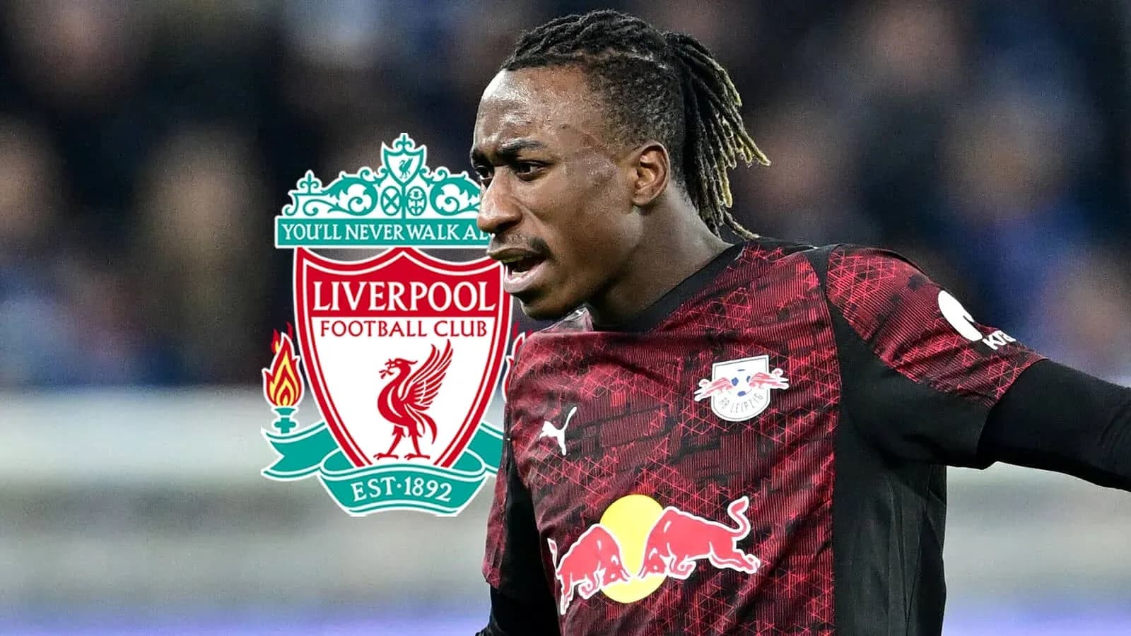 Player in RB Leipzig kit with Liverpool logo overlay Player in RB Leipzig kit with Liverpool logo overlay