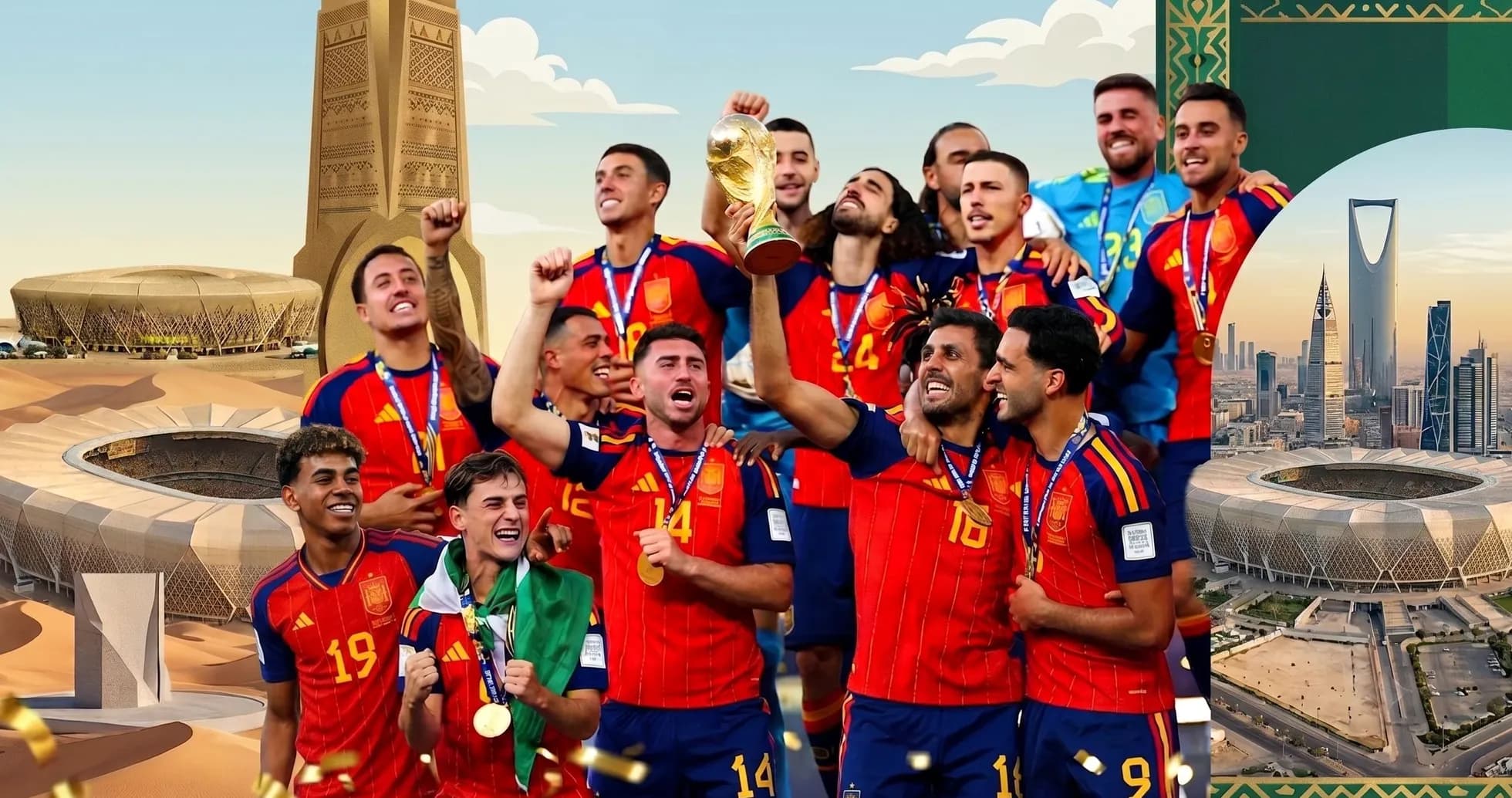 Spain national team celebrating with the World Cup trophy Spain national team celebrating with the World Cup trophy