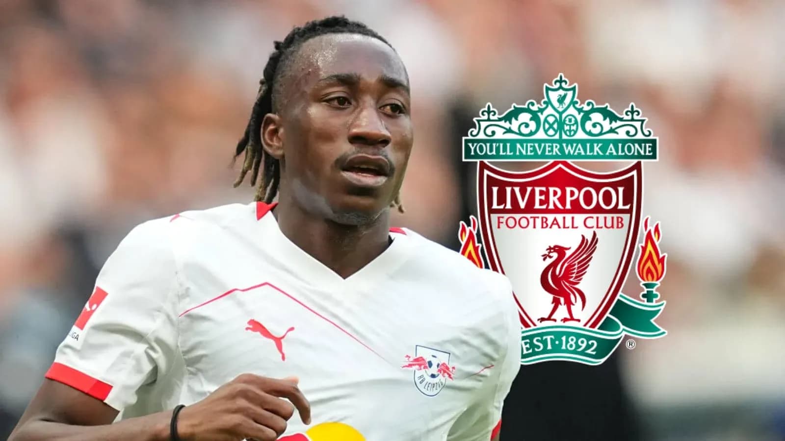 Player running in RB Leipzig kit with Liverpool logo Player running in RB Leipzig kit with Liverpool logo