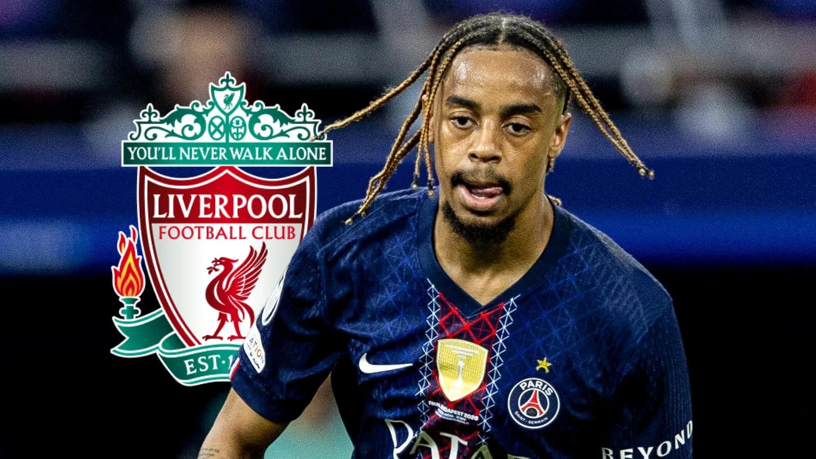 Player in PSG kit with Liverpool logo in background Player in PSG kit with Liverpool logo in background