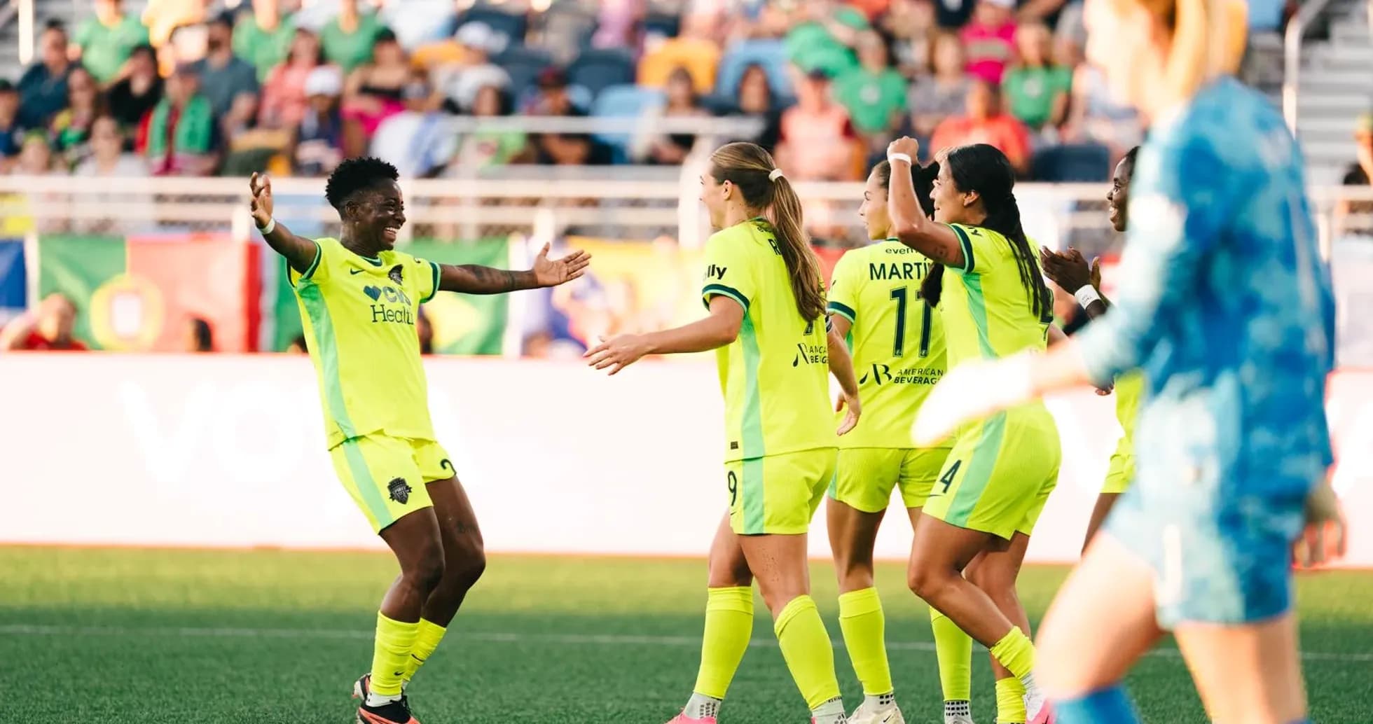 Celebration after goal by Boston Legacy W players Celebration after goal by Boston Legacy W players