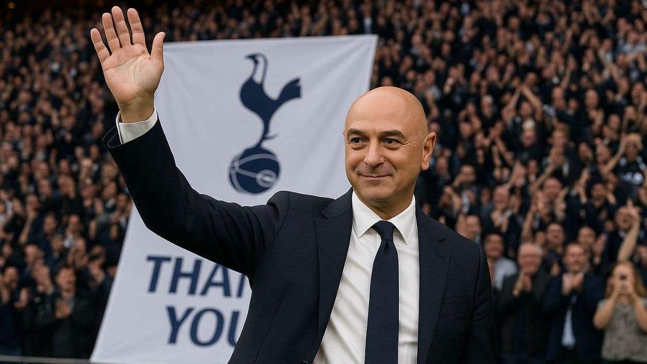 Man waving to crowd with Tottenham banner behind Man waving to crowd with Tottenham banner behind