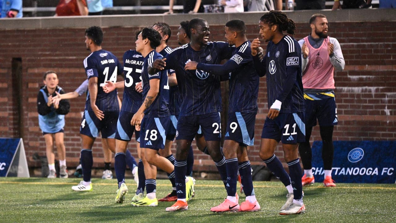 Chattanooga FC players celebrating a goal Chattanooga FC players celebrating a goal